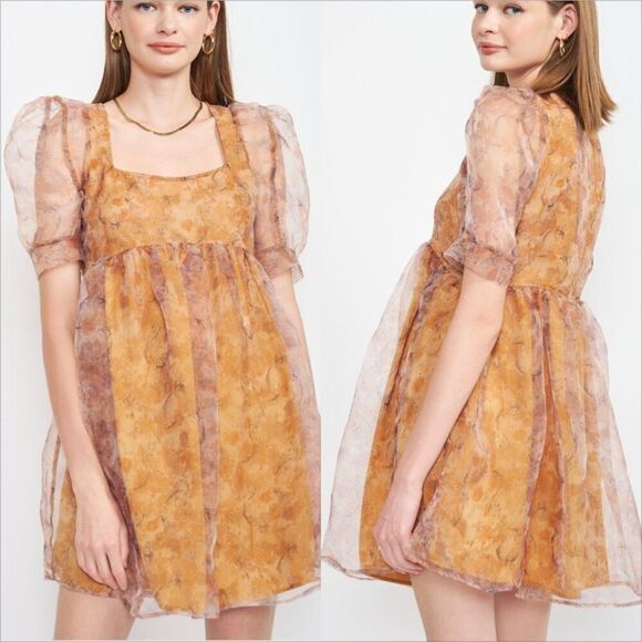 En Saison La Raque Mini Dress Size Small NEW Marigold Babydoll Puff Sleeve Boho